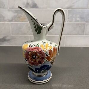 Vtg Floral design D P Delft pitcher / creamer signed numbered 244  6" tall